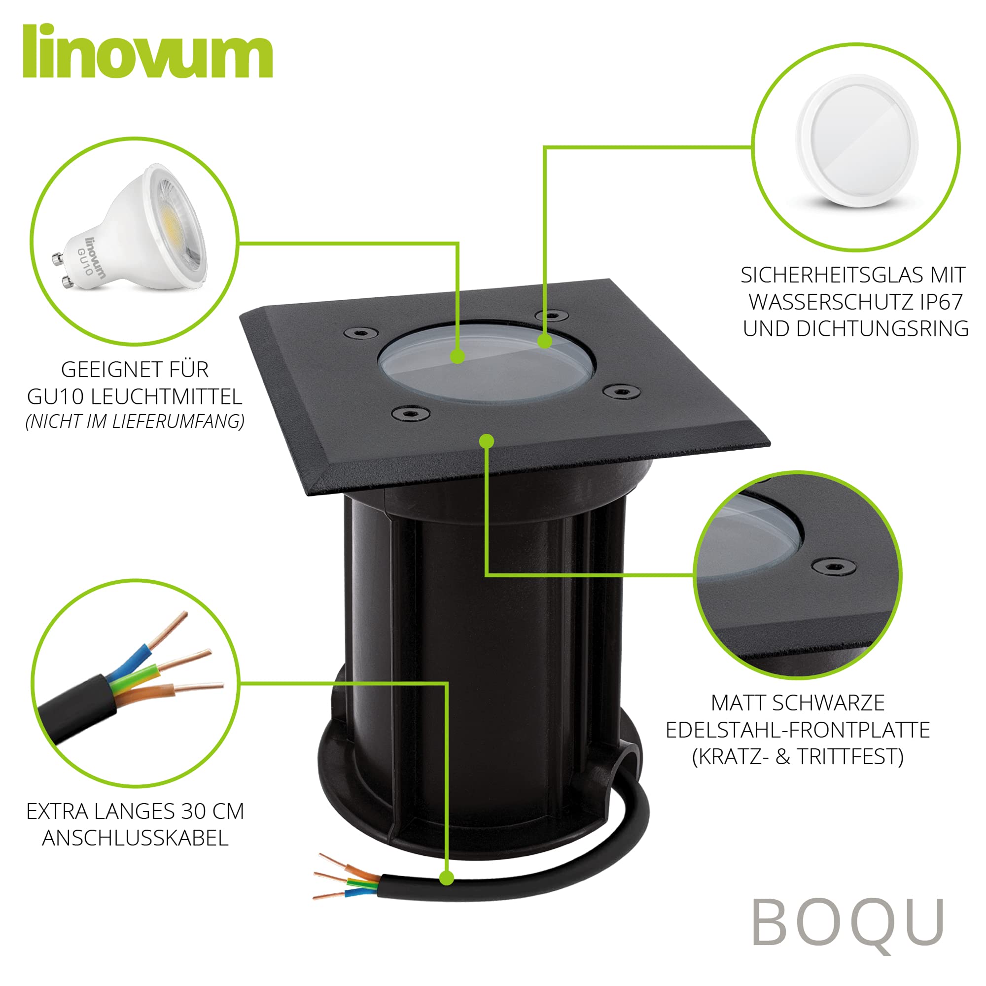 linovum BOQU Nero Quadrato - 4 Faretti Incasso GU10 IP67 Esterno 230V | segnapasso carrabile, per lampadine GU10 comuni e smart, scatola da incasso inclusa, senza lampadina, per giardino e terrazza