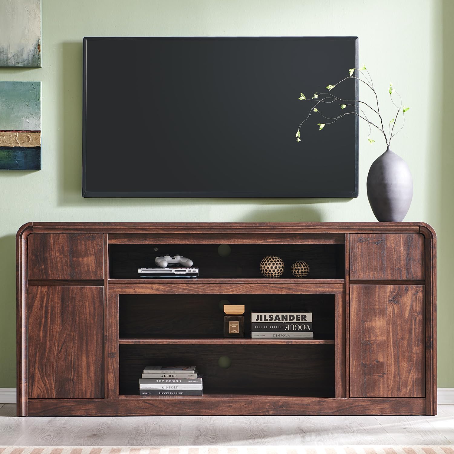 Modern TV Stand for 80 Inch TVs, 32"Tall Entertainment Center w/Storage Cabinet& drawers, Media Console Cabinet w/Soundbar & Adjustable Shelves for Living Room, Curved Profile Design, 70 inch (Brown) - Image 6
