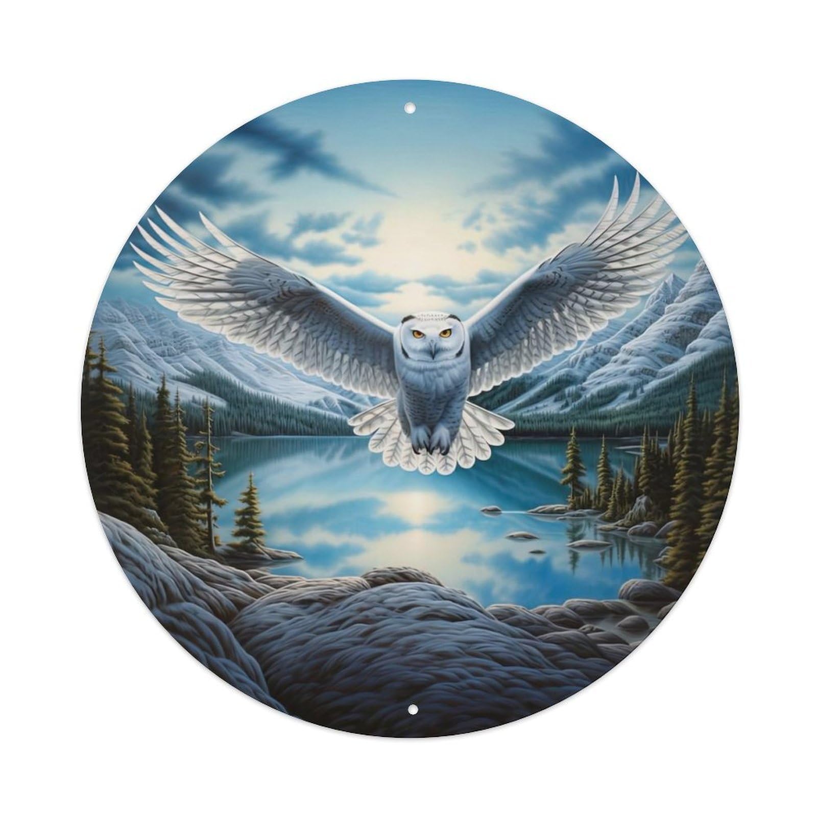 Animal Artwork Poster Flying Snowy Owl Vintage Metal Tin Sign Plaque Wall Decor for Cafe, Club, Garden Round Metal Poster 8x8Inch