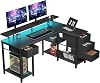 Seventable Computer Desk L Shape with 4 Drawers & Shelves Gaming Table with LED & Sockets Gaming Desk with Monitor Stand for Home Office Bedroom Living Room (White 120 cm)