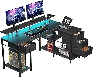 Seventable Computertisch L Form mit 4 Schubladen & Ablageflächen, Gaming Tisch mit LED & Steckdosen, Gaming Schreibtisch mit Monitorständer für Homeoffice, Schlafzimmer, Wohnzimmer (Schwarz, 120 cm)