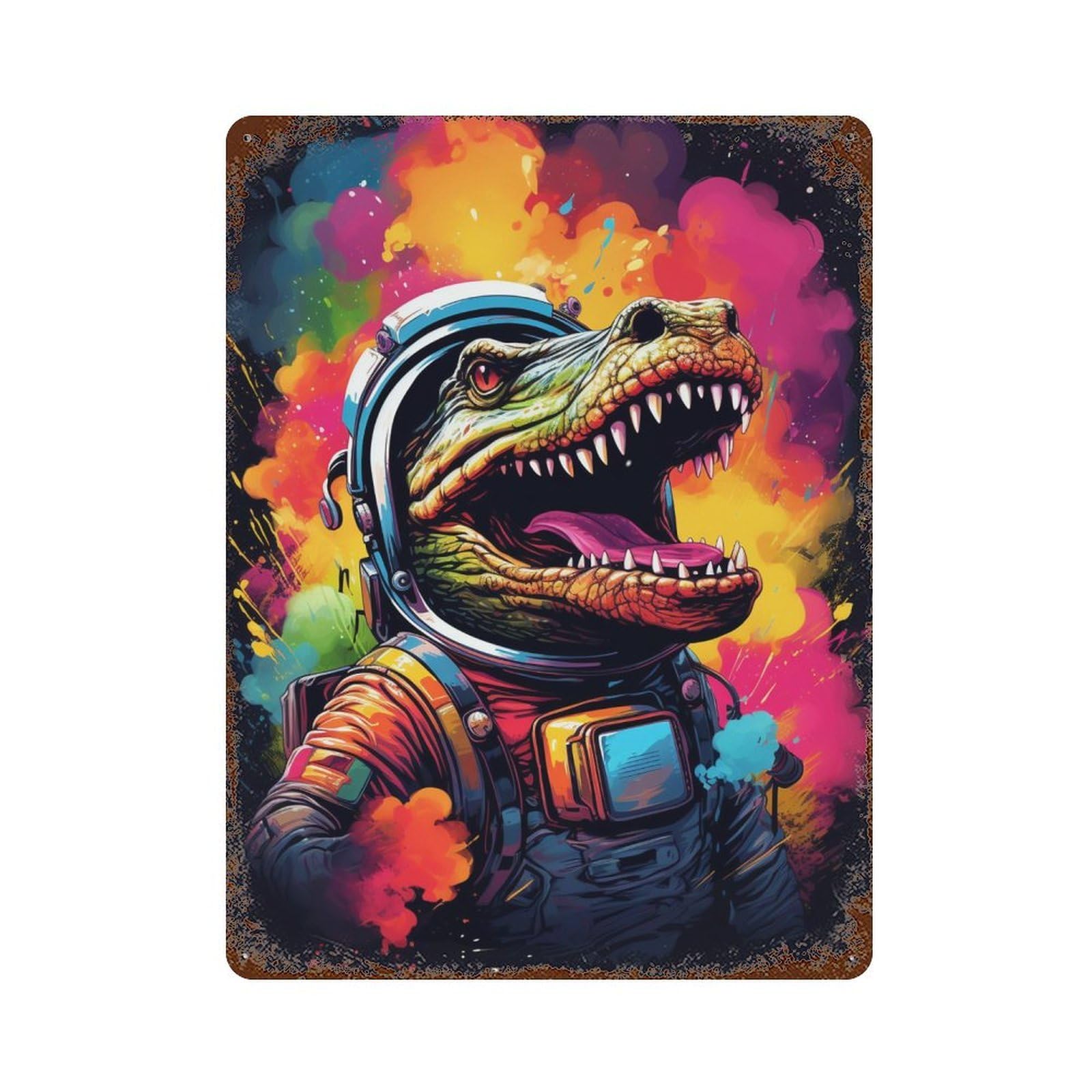 Space Dinosaur Adventure -11 Aged Metal Wall Plaque 15.7"x11.8", Industrial Home Decor for Garage, Pub Or Kitchen