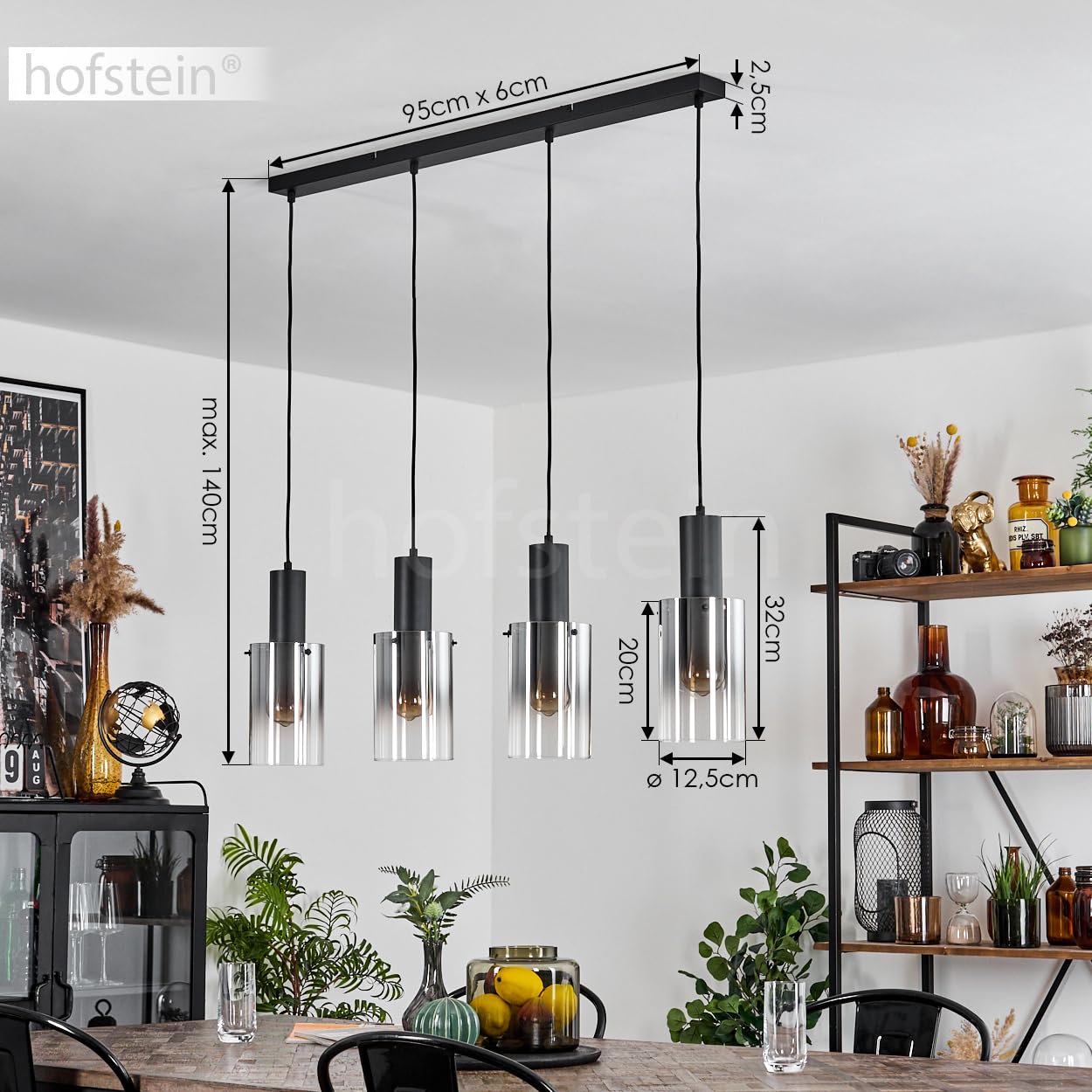 Pendelleuchte Sambour, Hängelampe aus Metall/Glas in Schwarz/Rauchfarben/Klar, Hängeleuchte im Retro/Vintage-Design mit Glasschirmen (Ø 12,5cm), 4-flammig, Höhe max. 140 cm, 4 x E27, ohne Leuchtmittel