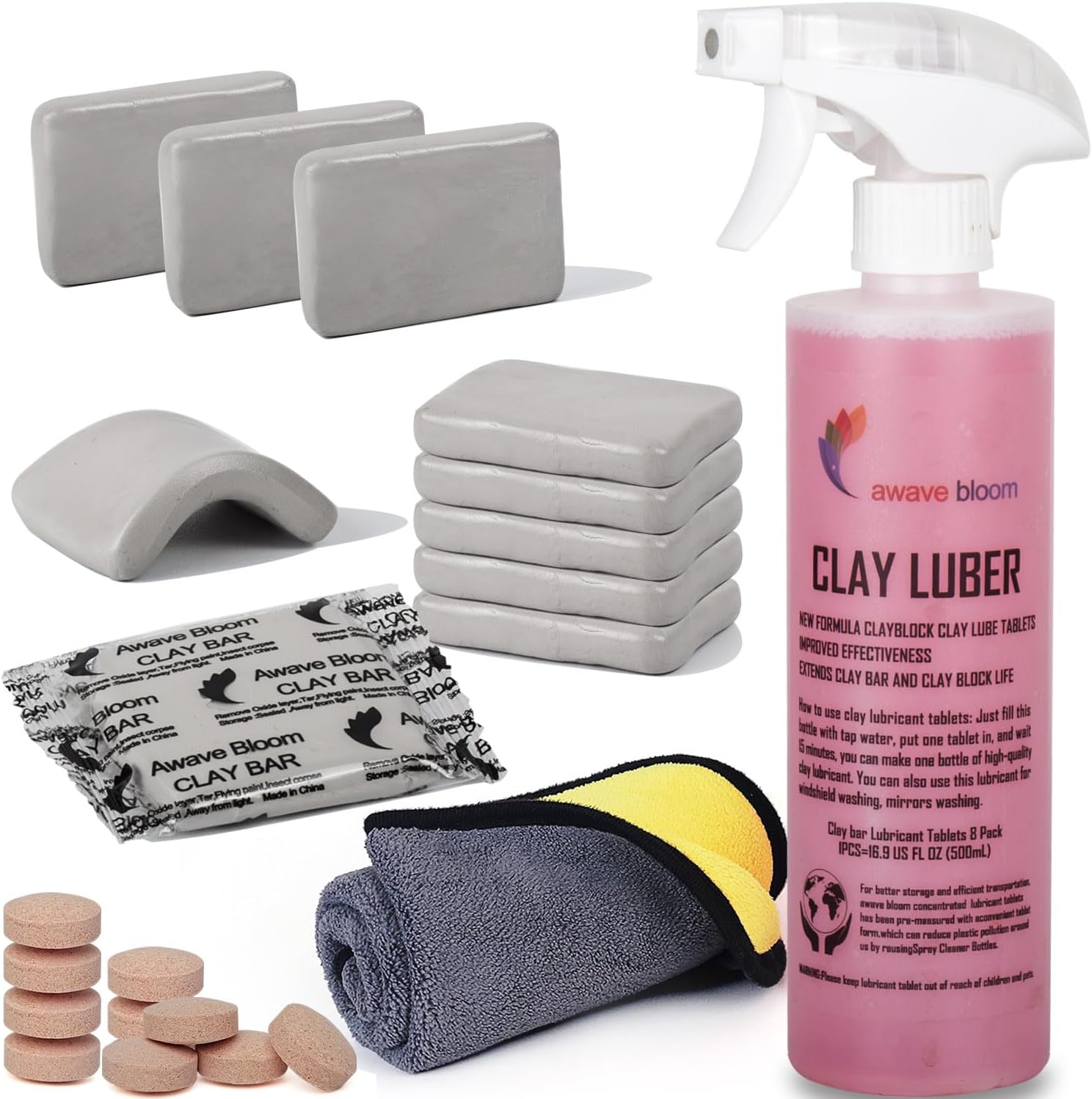 Car Clay Bars Auto Detailing 10 Pack with Lubricant Tablets 8 Pack, Include Portable Spray Bottle and Micro-Fiber Towel, for Car Wash Car Detailing Clean(10x50g