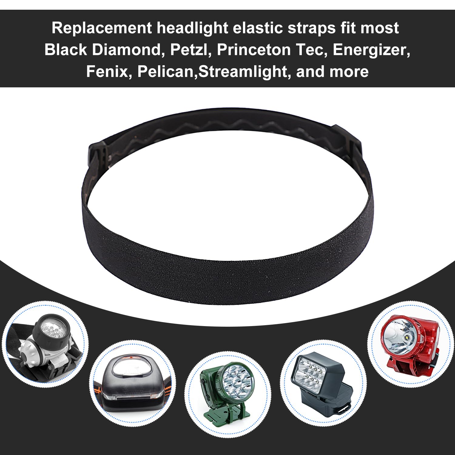 Elastyczny Pasek na Czolówke, Czarny Wymienny Pasek na Czolówke Wygodny Pasek na Czolówke Pasuje do Wiekszosci Modeli Black Diamond Petzl Princeton Tec Energizer Fenix Pelican Streamlight