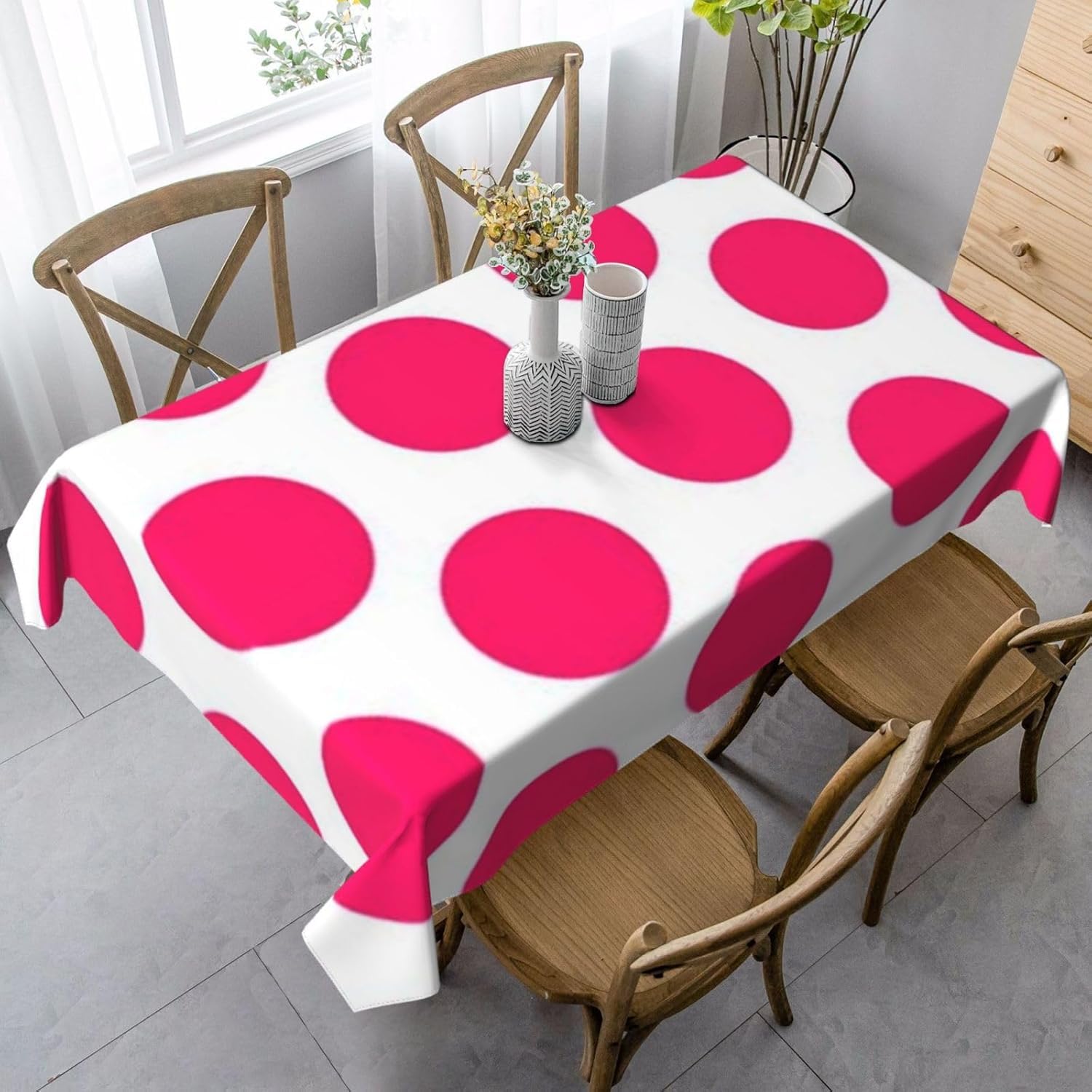 Tovaglia Antimacchia 300x140 cm Rettangolare Geometria Circolare Tovaglie Impermeabile 3 Metri Copritavolo Poliestere Protezione Tavolo Pois Rosso Rosa, per Feste (12-14 Posti) a-3718