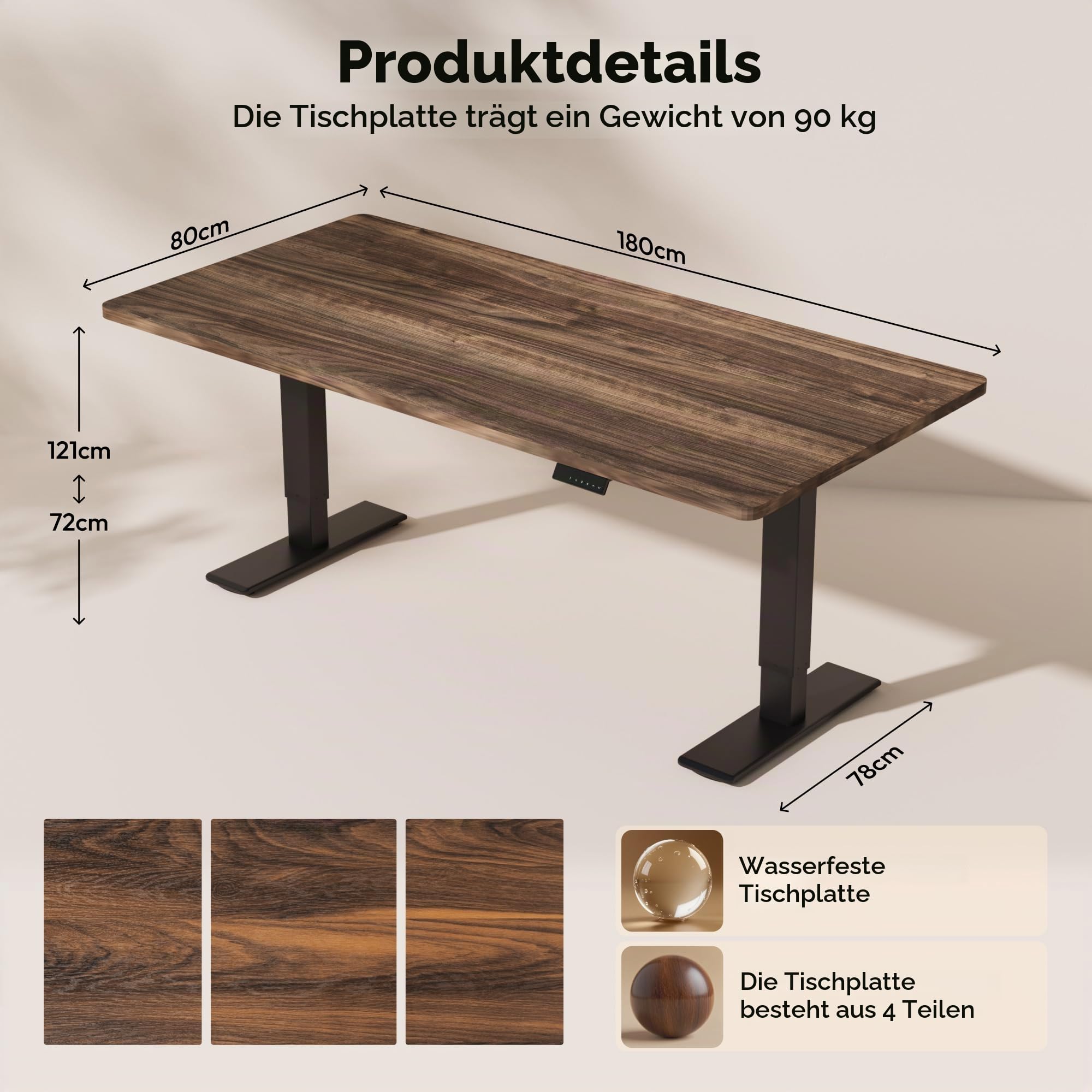 SANODESK Höhenverstellbarer Schreibtisch mit Dual-Motor 180 x 80 cm | Große Arbeitsfläche, 72–121 cm höhenverstellbar, 90 kg belastbar, 4 Speicherpositionen, leiser Antrieb (Braun+Schwarz)