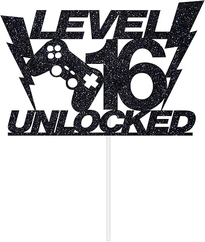 Miniatura 2 de Decoración para tartas desbloqueada de nivel 16 con purpurina negra, decoración de pastel de feliz cumpleaños 16, decoración de fiesta de cumpleaños