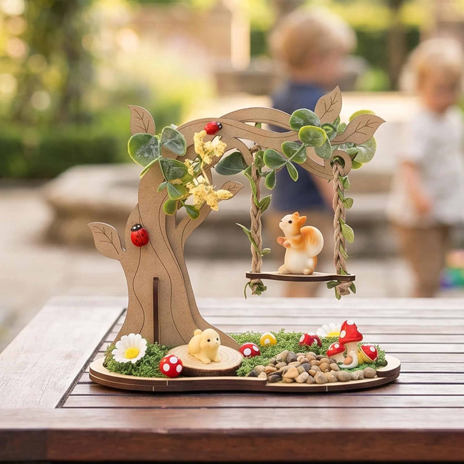 Wooden Mini Fairy Garden Tree Swing Diorama Kit - DIY Tabletop Ornament