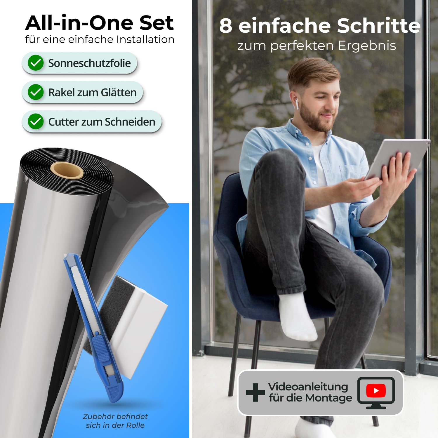 UV Sonnenschutzfolie für Fenster Innen & Außen – Blickdichte Fensterfolie als Sonnenschutz Folie – Selbstklebende Hitzeschutzfolie für Fenster Außen & Innen für Sommer – 90 x 200 cm