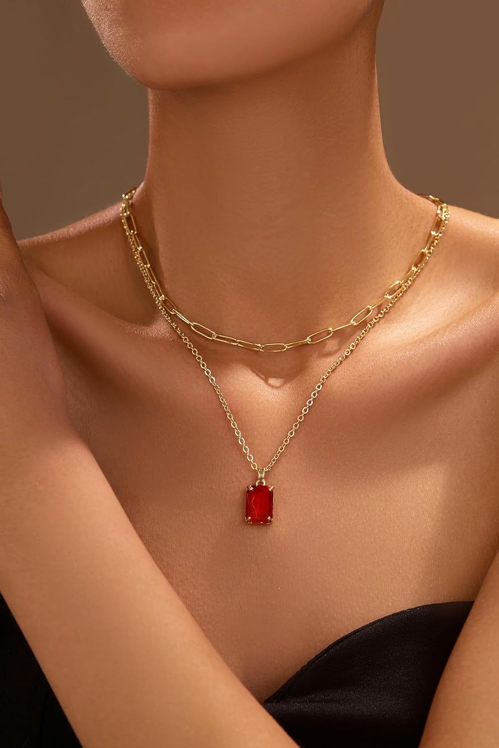 Gold Layered Pendant Necklaces for Women 14k Gold Plated Crystal Choker Necklace Paperclip Rhinestone Necklace Party Prom Jewelry - Image 2