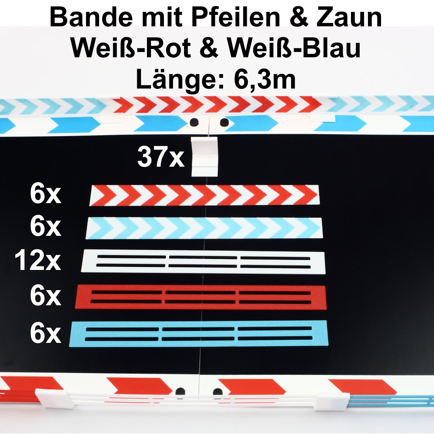 Overdrive-Racing 6,30m Leitplanke & Zaun Set für Carrera Hybrid - Weiß Rot Blau - Bande Fangzaun Kurven Gerade