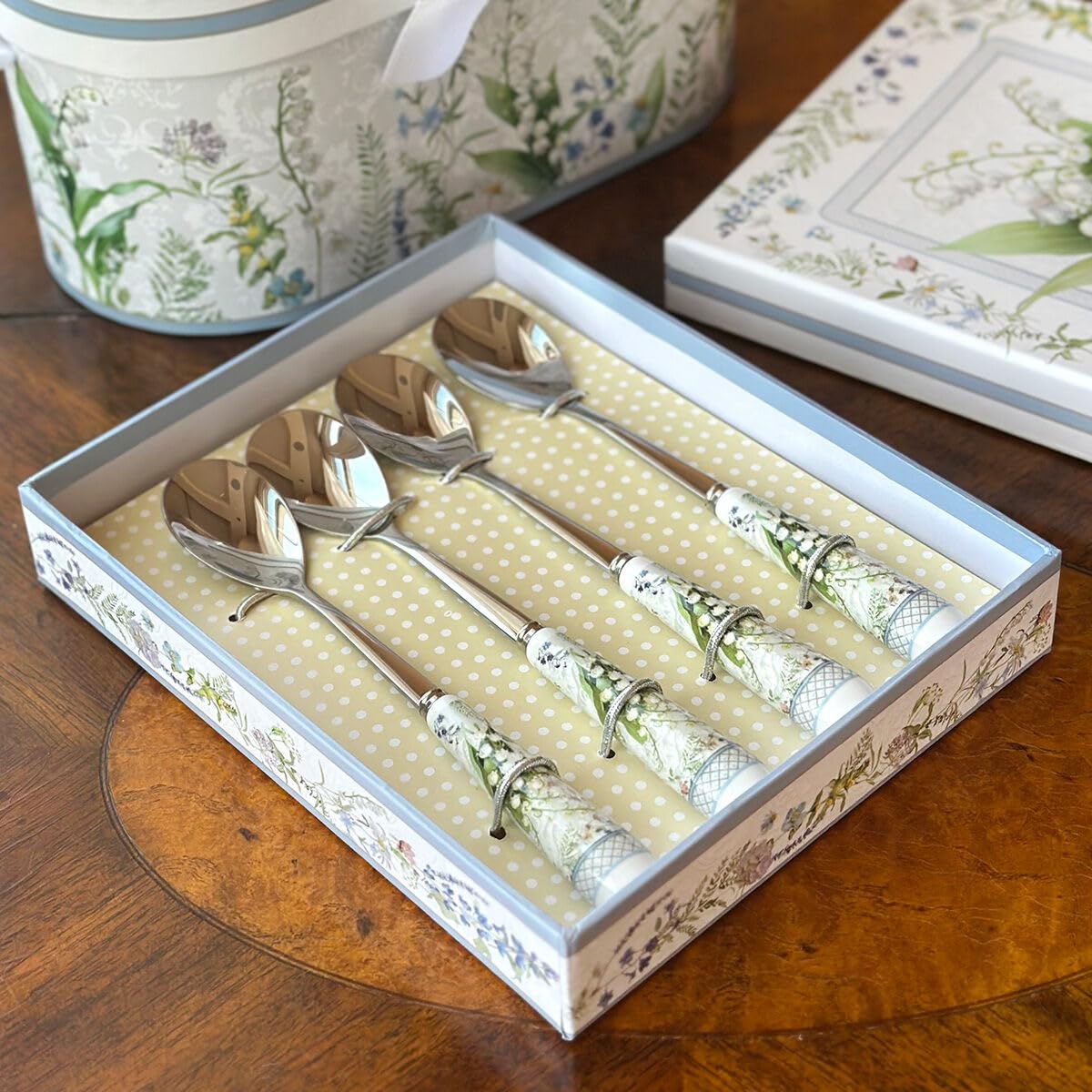 Kaffee-/Teelöffel mit Keramikgriff, 4 Stück, in Geschenkbox (Maiglöckchen)