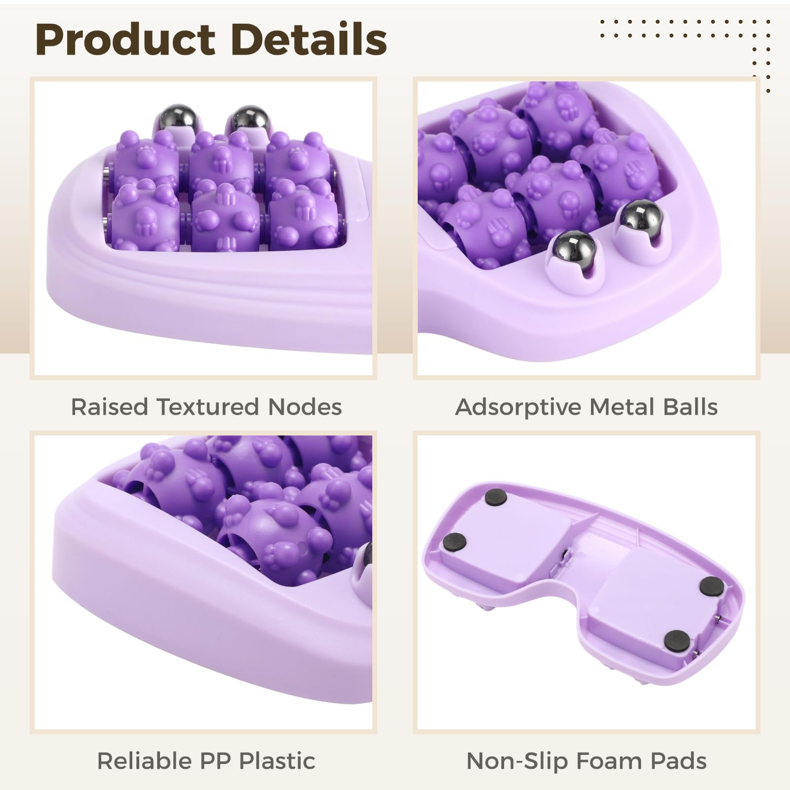 Fußmassage-Roller, strukturierter Fußmassager mit Metallkugeln, rutschfester Unterseite, Akupressurpunkt-Referenzkarte und doppelseitigem Massage-Stick für täglichen Fußkomfort