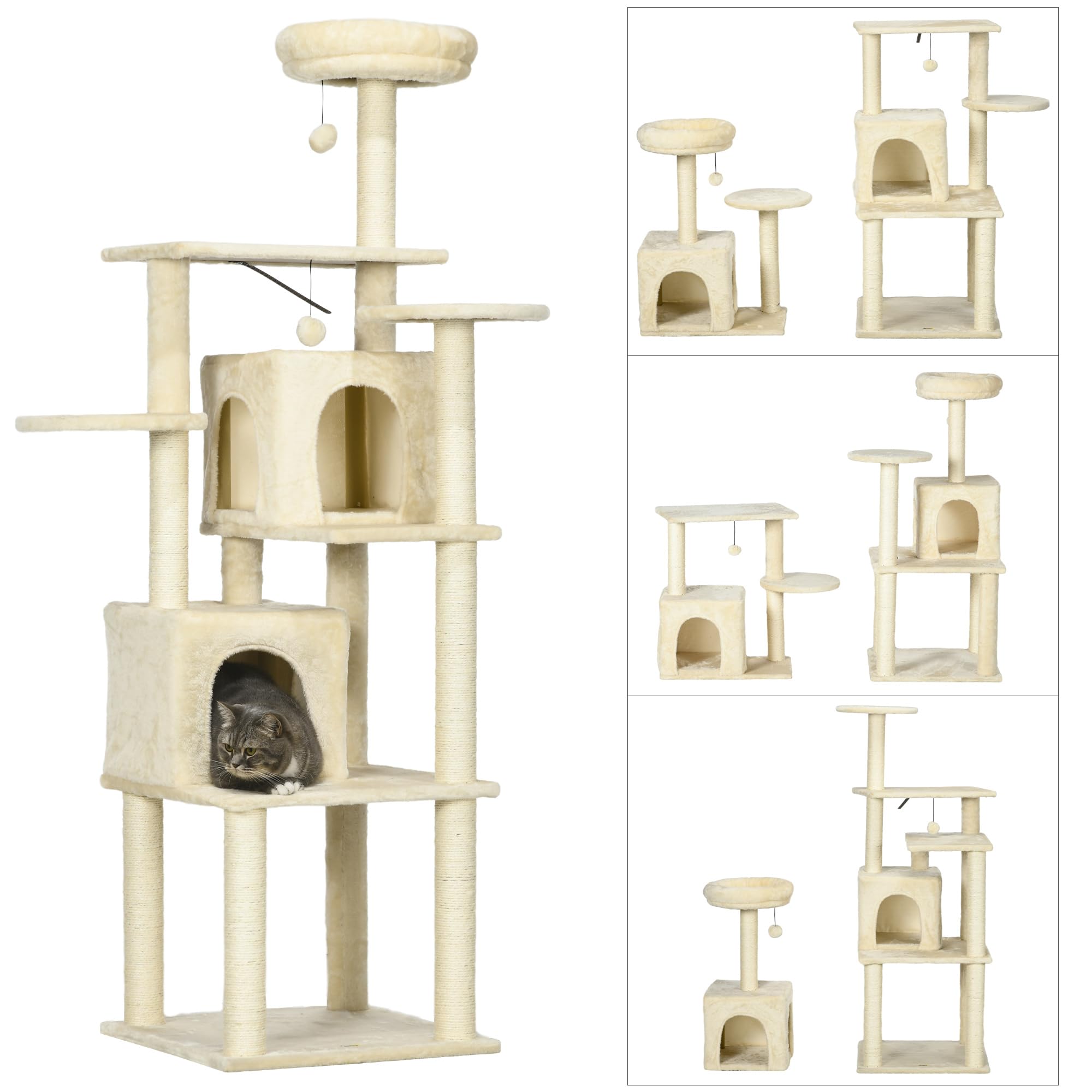 PawHut Albero per gatti albero di arrampicata albero tiragraffi torre gioco altezza 171 cm centro attività con 2 nicchie 6 piattaforme 2 pompons appesi beige