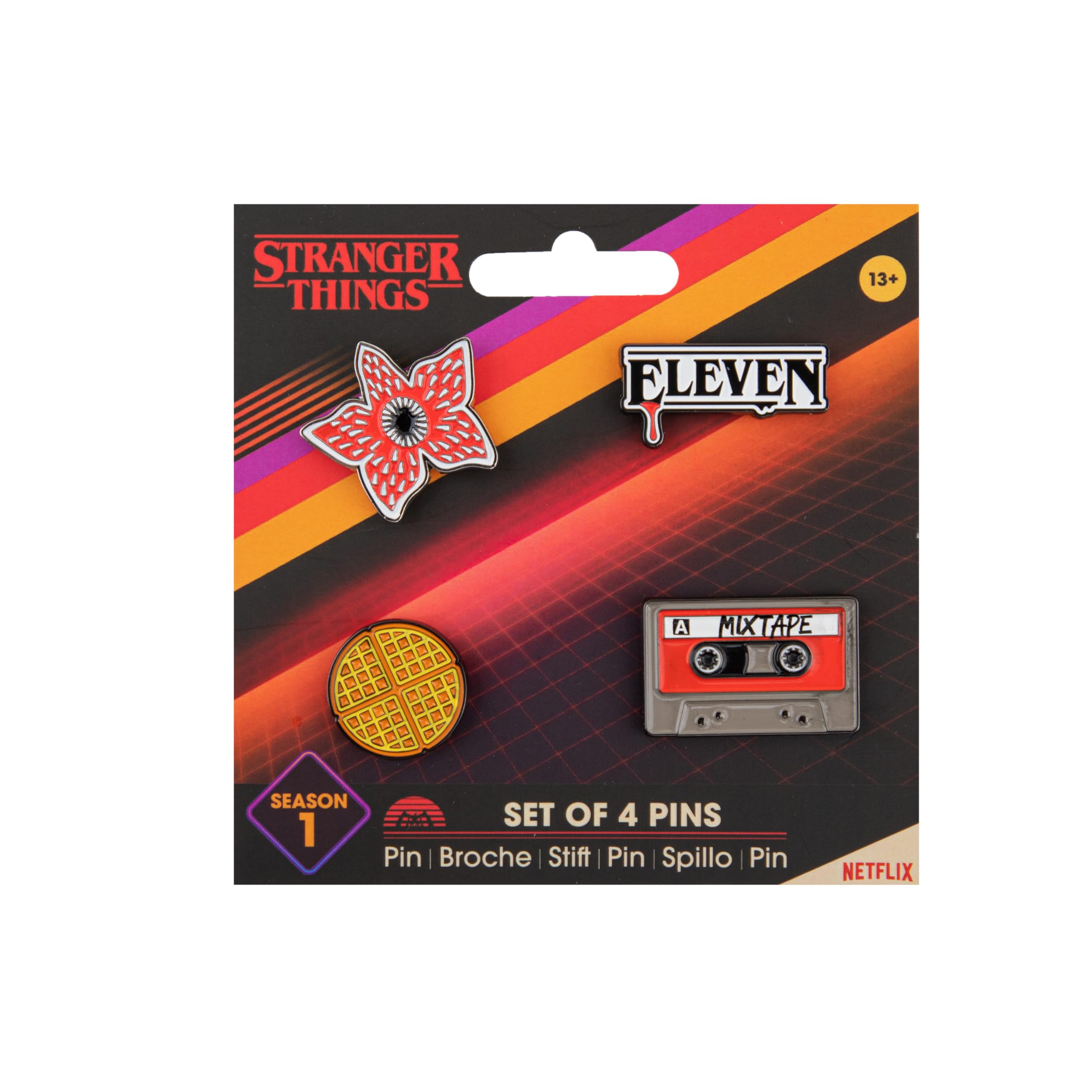 Cinereplicas Stranger Things - Zestaw 4 Stranger Things Season 1/2/3/4 Pin - 3 cm - Oficjalna licencja, Cynk, Bez kamieni szlachetnych