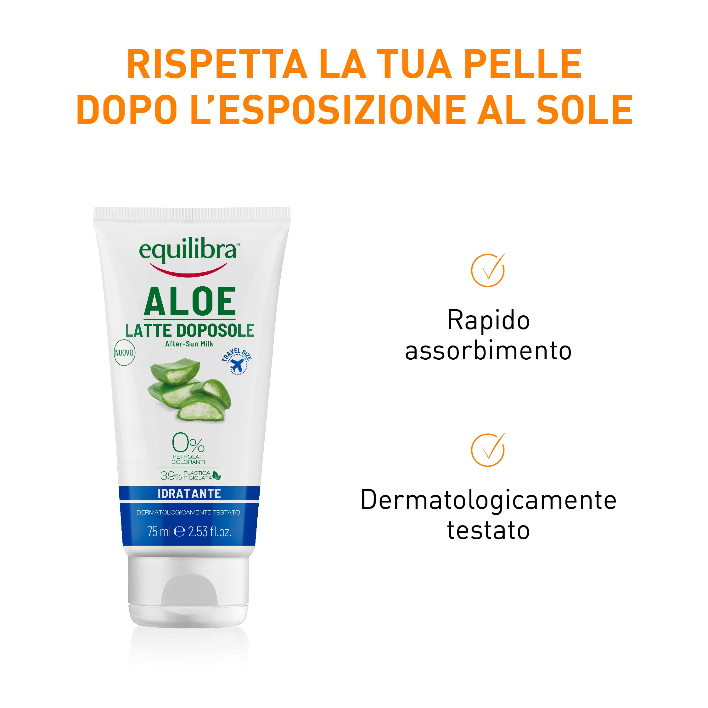 equilibra Solari, Aloe Latte Doposole Idratante Travel Size, a Base di Olio di Carota, Vitamina E, Aloe Vera equilibra (40%), Doposole Idratante che Rinfresca e Riequilibra la Pelle Arrossata, 75 ml