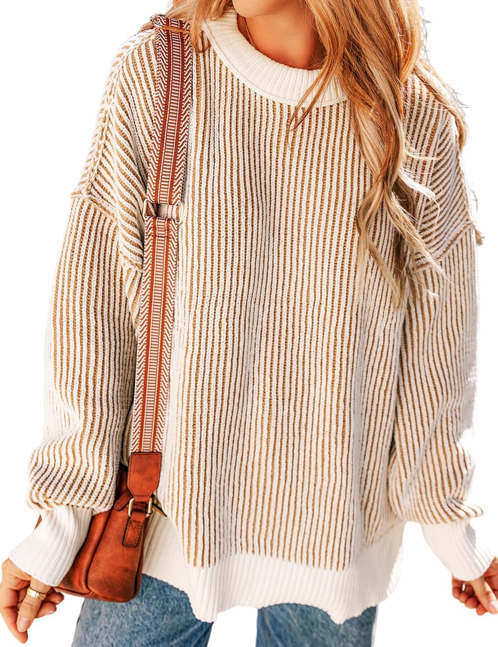 Ecosunny Womens Sweaters Striped Color Block Casual Long Sleeve Crewneck Loose Knit Pullover Sweater Shirts Fall Fashion