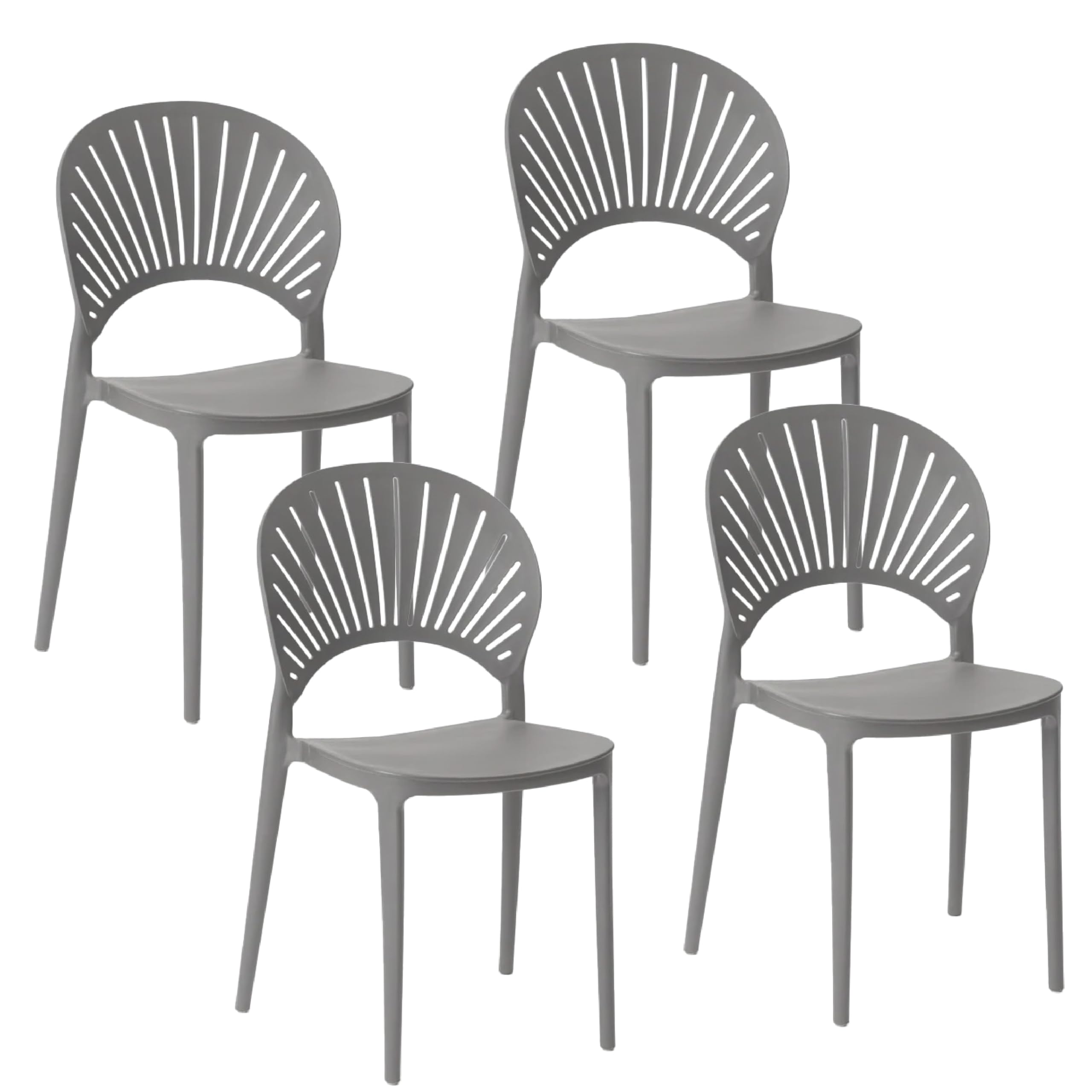 Baroni Home Juego de 4 sillas de plástico apilables, sin montaje, fáciles de limpiar, con gomas antideslizantes, para cocina, salón, comedor, 36 x 37 x 72 cm, gris, respaldo grande con rayos
