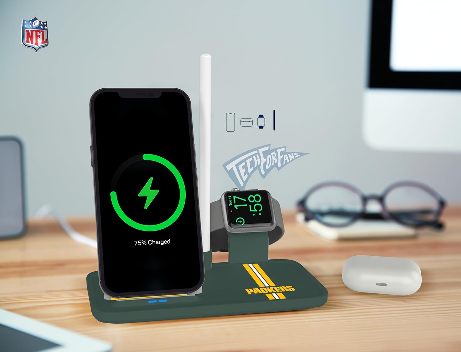 SOAR NFL 4-in-1 Wireless Charging Docking Station: Fast Charge for iPhone, Apple Watch, Air Pods & Apple Pencil