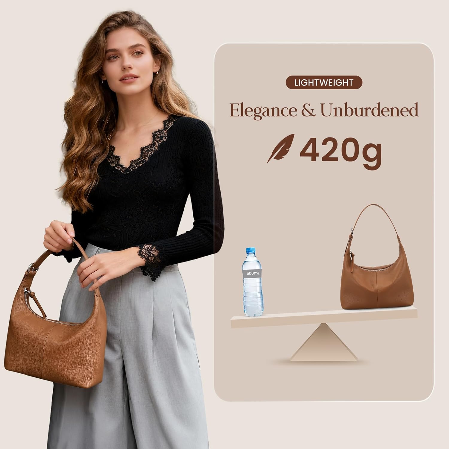 befen Genuine Leather Slouchy Hobo Bags for Women, Ultra Lightweight Leather Purses Shoulder Handbags Satchel for Work Casual - Image 3
