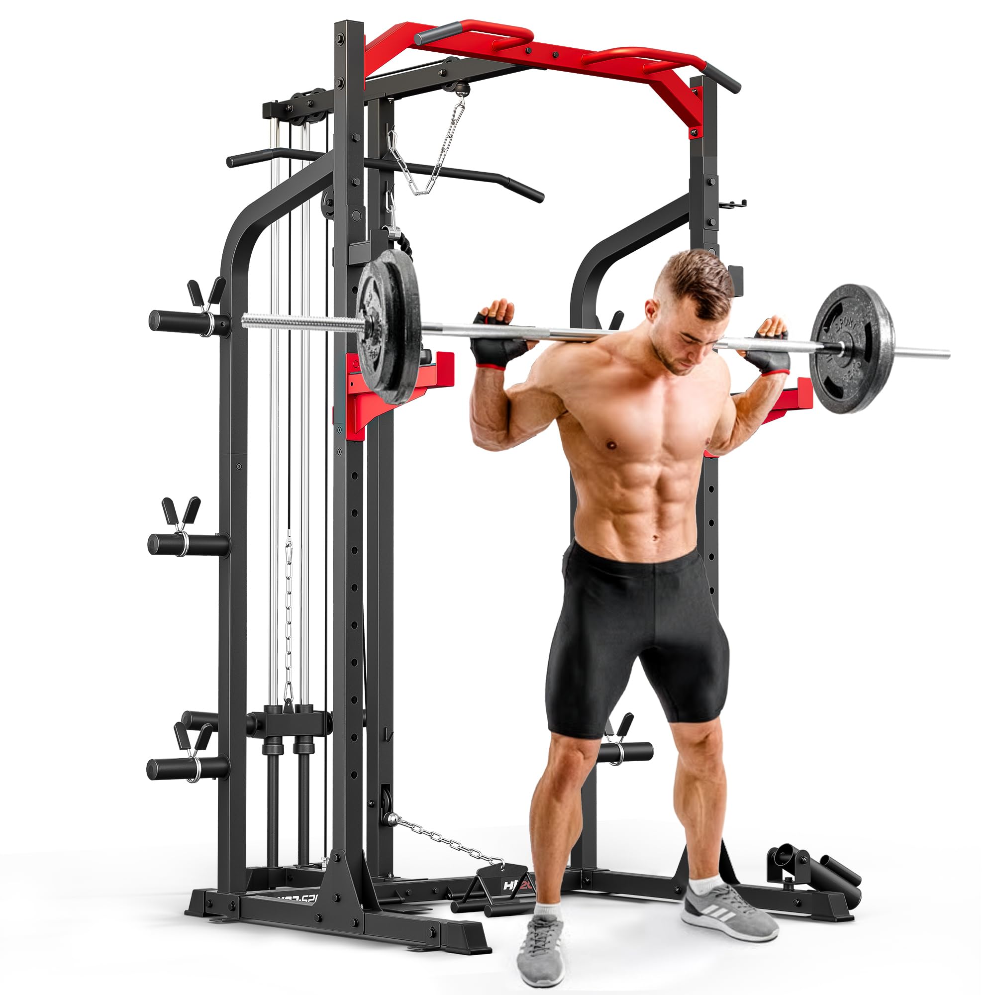 Hop-Sport Power Rack HS-2050K mit Latzug und Kabelzugstation, Power Cage mit Klimmzugstange, Sicherheitsablagen, Landmine, Squat Rack und Langhantelablage für Home Gym Krafttraining zuhause