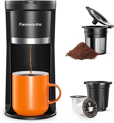 Famiworths Mini cafetera de una sola porción, instantánea de una taza para K Cup y café molido, tamaños de preparación de 6 a 12 onzas, cafetera de