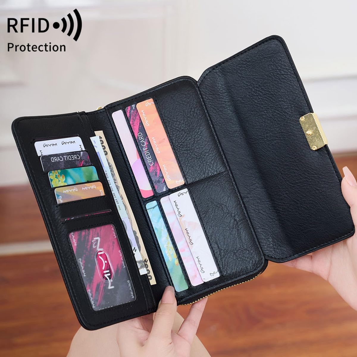 Women's RFID Blocking Genuine Leather Trifold Long Wallet Large Capacity Retro Clutch Purse for Travel (367-black) - Image 5