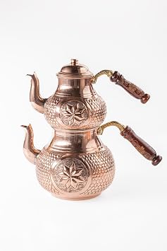 Home Gaziantep Bakır Çaydanlık Takımı, El Kabartmalı, Ahşap Kulplu, 2.6 Lt, Alt 1.75 Lt Üst 0.85 Lt, Eskitme Model