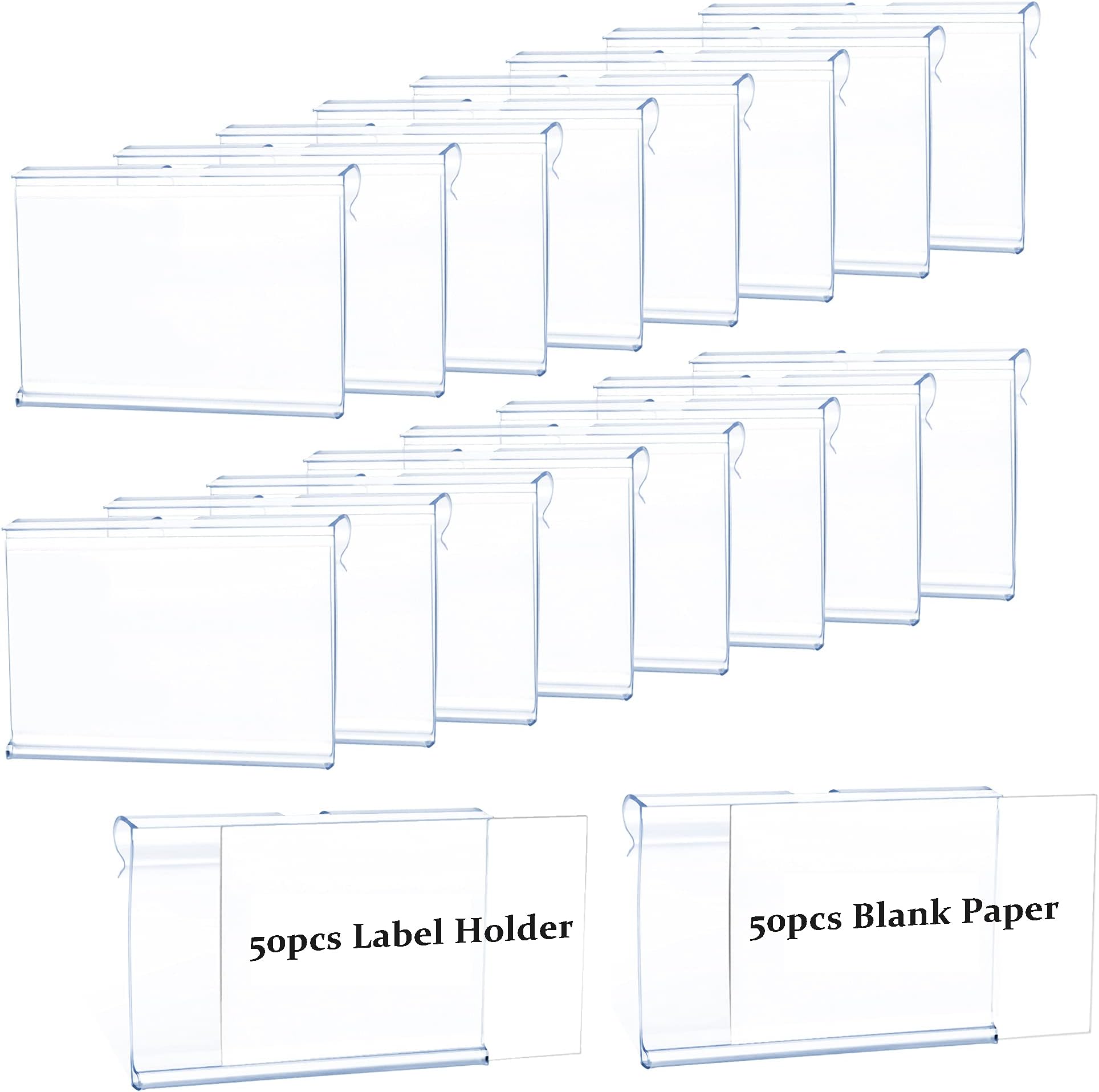 50pcs Labels for Storage Bins Plastic Label Clip, Basket Labels Clip On Wire Shelf Price Label Holder Merchandise Sign Display Holder, 50pcs Label Insert Included (6x4cm)