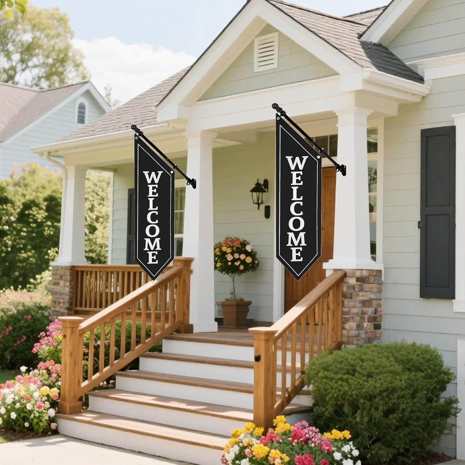 Heavy Duty Double Sided Welcome Flag Kit – 42x13" Outdoor Canvas Banner with Pole & Metal Bracket – Business Storefront Sign for Retail, Shop, or Restaurant Marketing Display (Black)