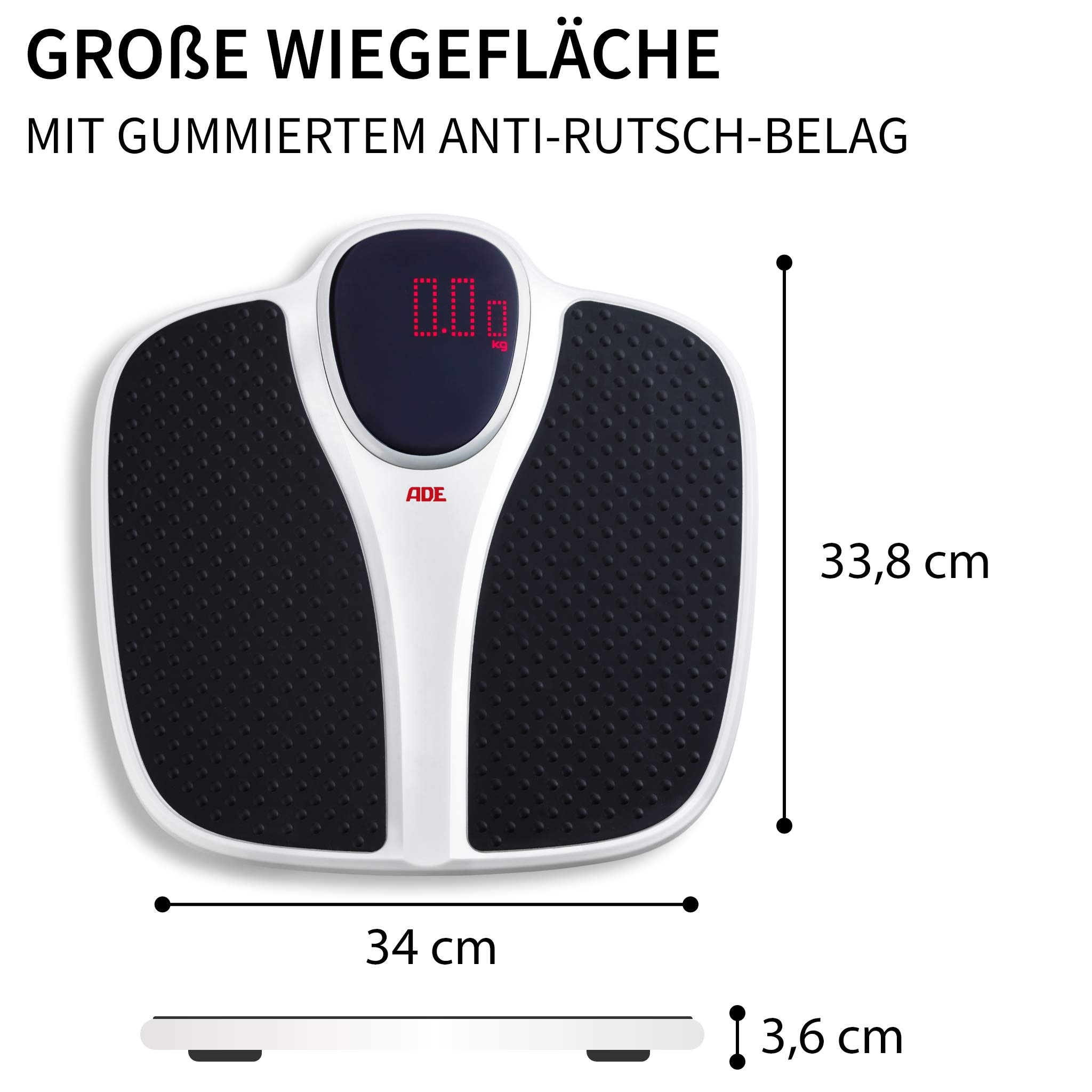 ADE Cyfrowa waga M316600 do 200 kg, bardzo szeroka, antypoślizgowa powierzchnia ważenia, wyświetlacz Red-Dot-Matrix, 1,5 kg