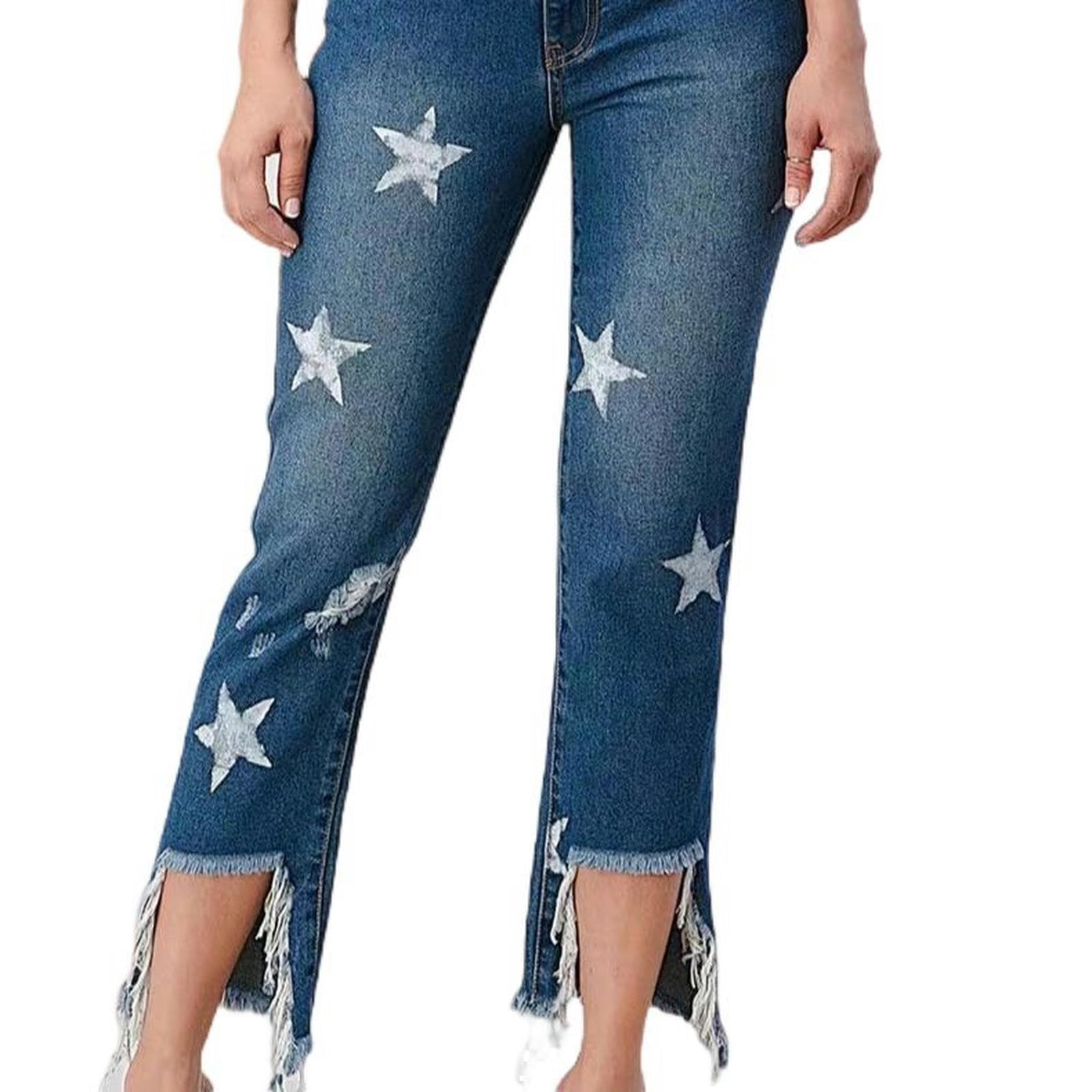 Jeans a Vita Alta con Stampa Stelle da donna-Blu-2XL