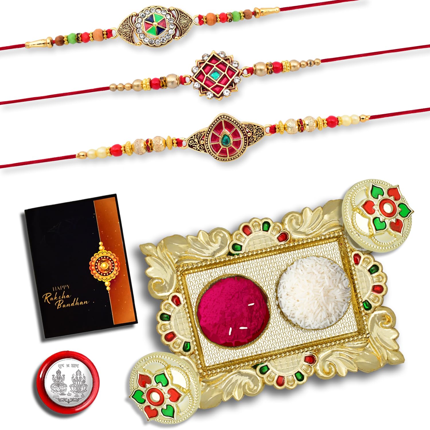 Periapt Rakhi for Brother – Mix Design Multicolor Rakhi 3 Pcs with Thali, Roli Chawal, Silver Color Pooja Coin & Greeting Card, Raksha Bandhan Occasion Combo for Bhai & Bhabhi (K3_417+418+419_AA1)-image-7