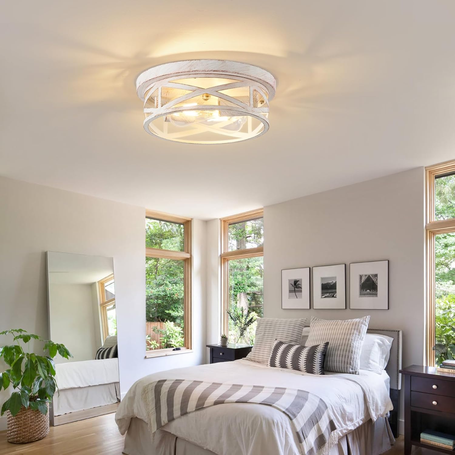 Indoor Flush Mount Ceiling Light Fixtures, 2-Light Cage Cross Close to Ceiling Mount Lights, E26 Base Vintage Hanging Lights for Kitchen Bedroom Living Room, White and Gold