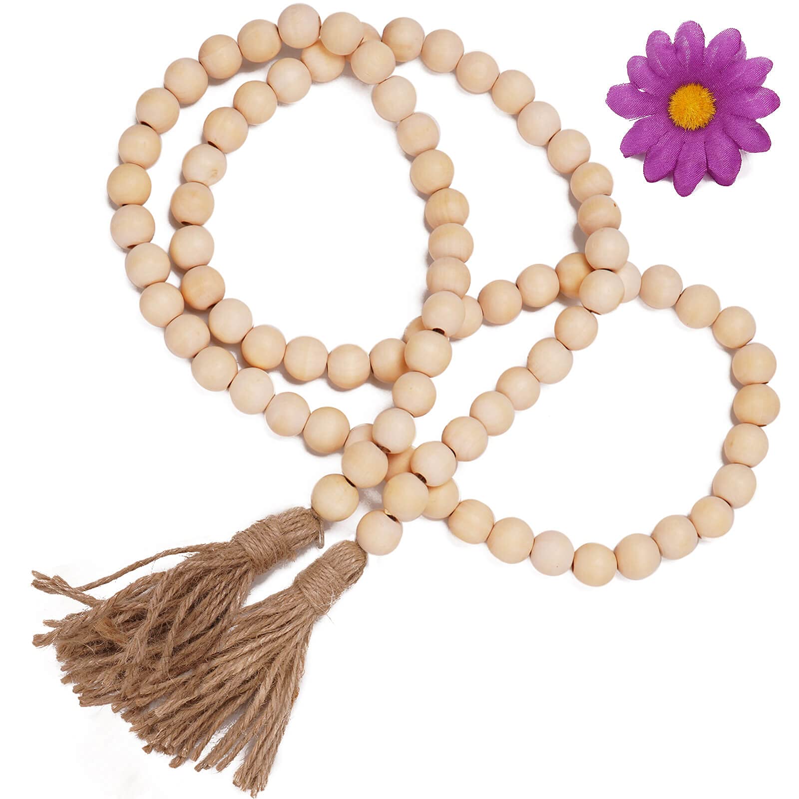 Feiccier 58in Wood Bead Garland with Tassels, Farmhouse Decor Boho Home Decor Natural Handmade Wooden Beads Garland, Rustic Country Decor Prayer Beads Garland for Wall and Door Holiday Decorations.