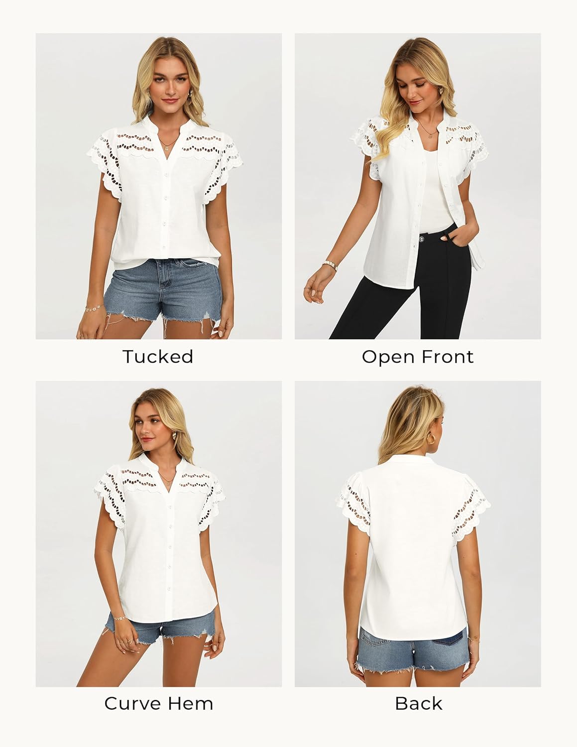 GRACE KARIN Womens Summer Eyelet Tops Dressy Casual,Ruffle Short Sleeve Button Down Shirts,V Neck Embroidered Cotton Blouses - Image 3