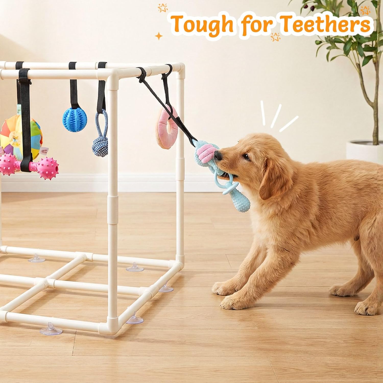 Puppy Play Gym with 15 Toys, Indoor Jungle Gym with Interactive Puppy Enrichment Toys for Teething & Mental Stimulation, 23.2" Small Dog Play PVC Frame with Straps and Storage Bag