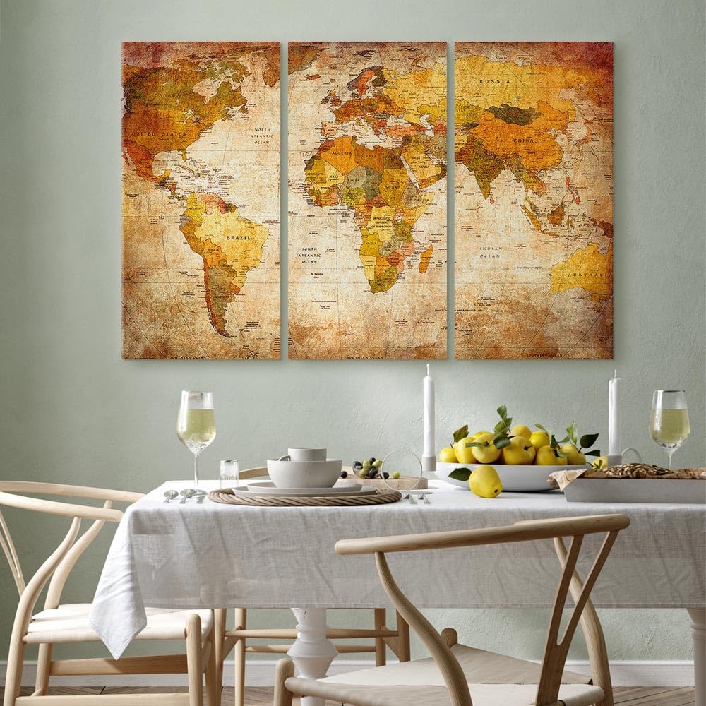 B&D XL - Quadro Acustico Mappamondo 135x90 cm 3 Pezzi schiuma acustica Quadri Moderni - Stampa su Tela - Protezione dai Rumori Fonoassorbente Mappa del Mondo Marrone Vintage Beige 020213-2