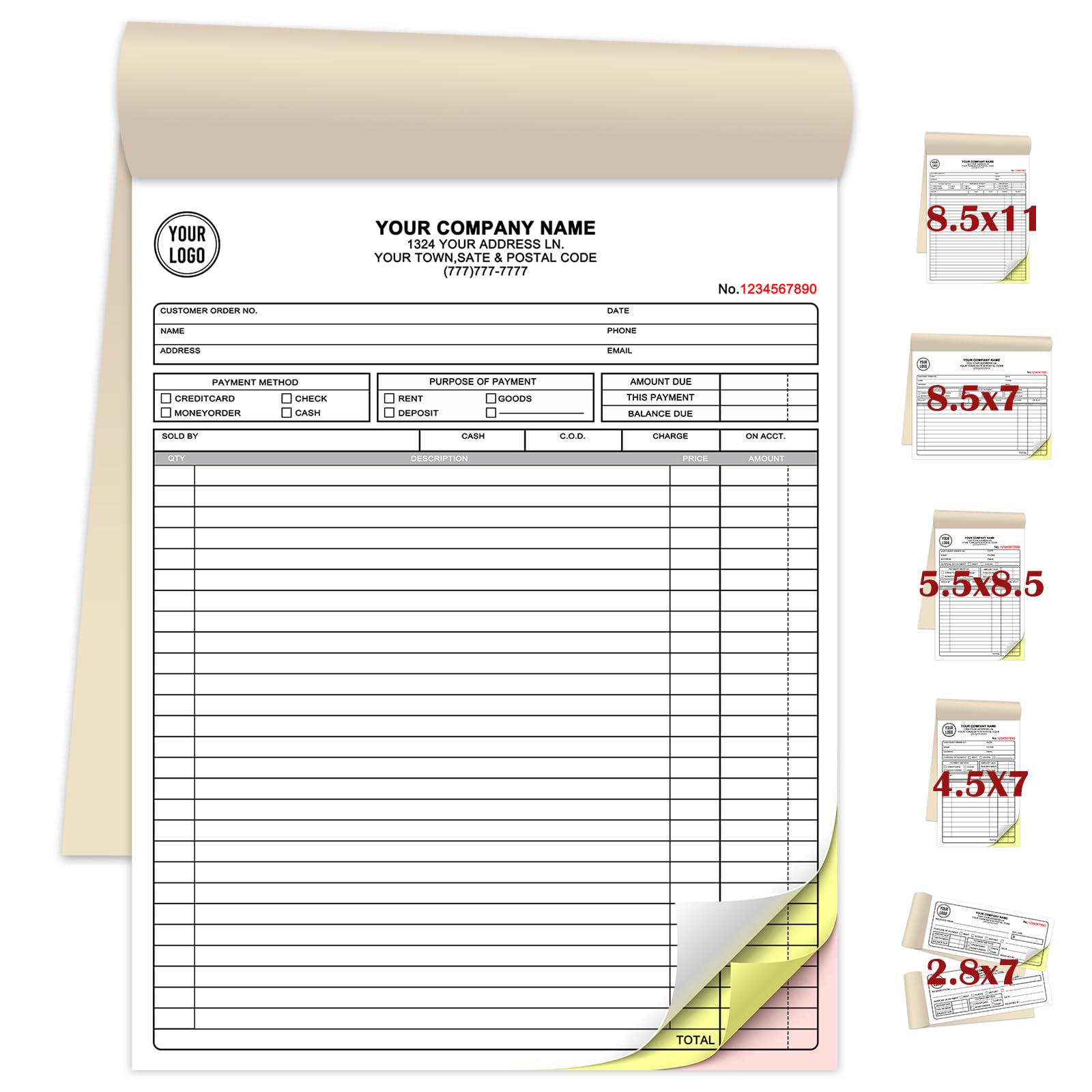 Custom Invoice Book for Small Business,8.5 x11 Inches Invoice Receipt Book, 3-Part Carbonless Forms, Personalised Company Name, Address, Phone Number