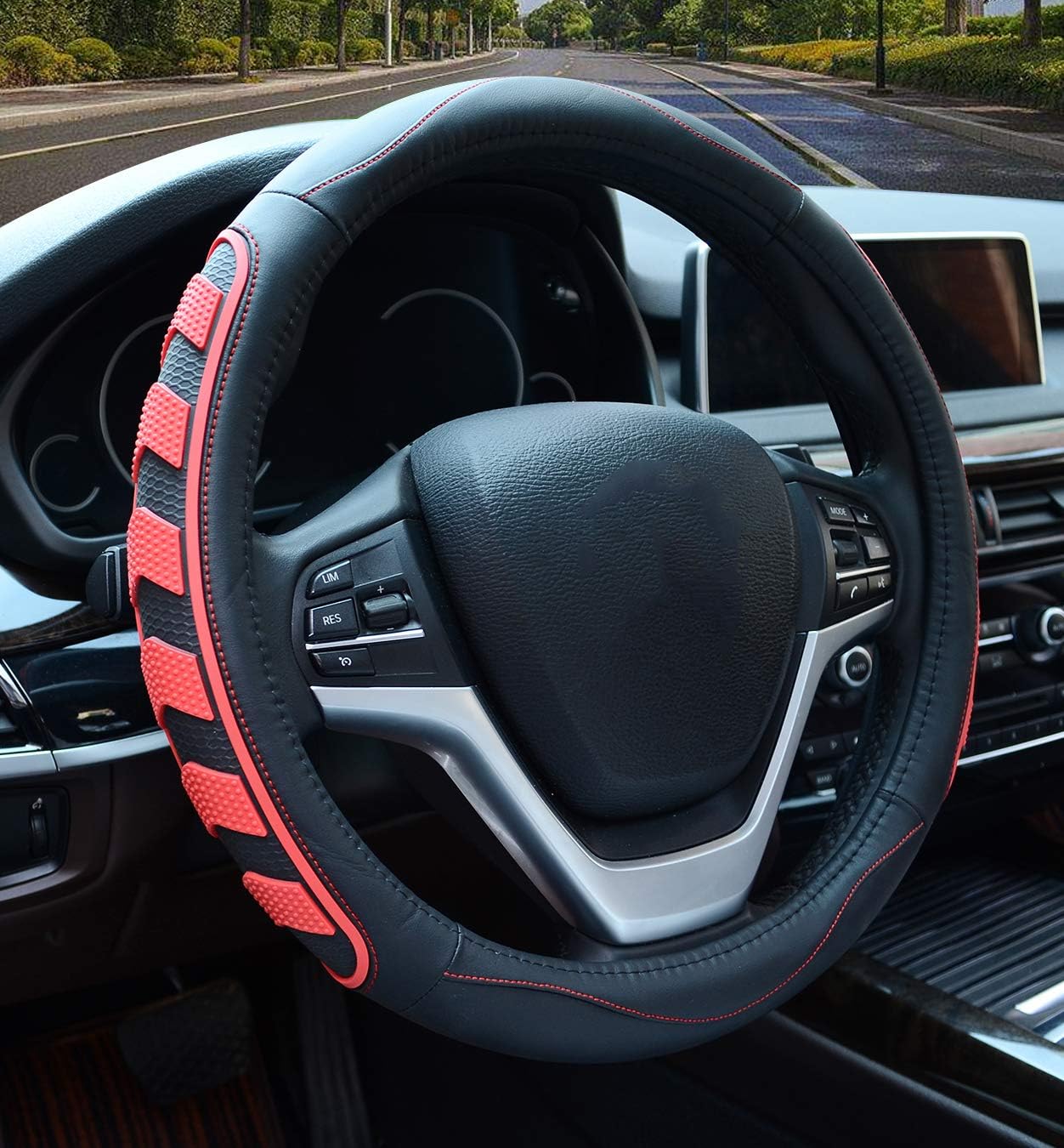 Car Steering Wheel Cover with Durable PU Leather, Universal 15 inch Fit for Car Truck SUV, Breathable Anti Slip Auto Steering Wheel Covers for Men and Women, Red