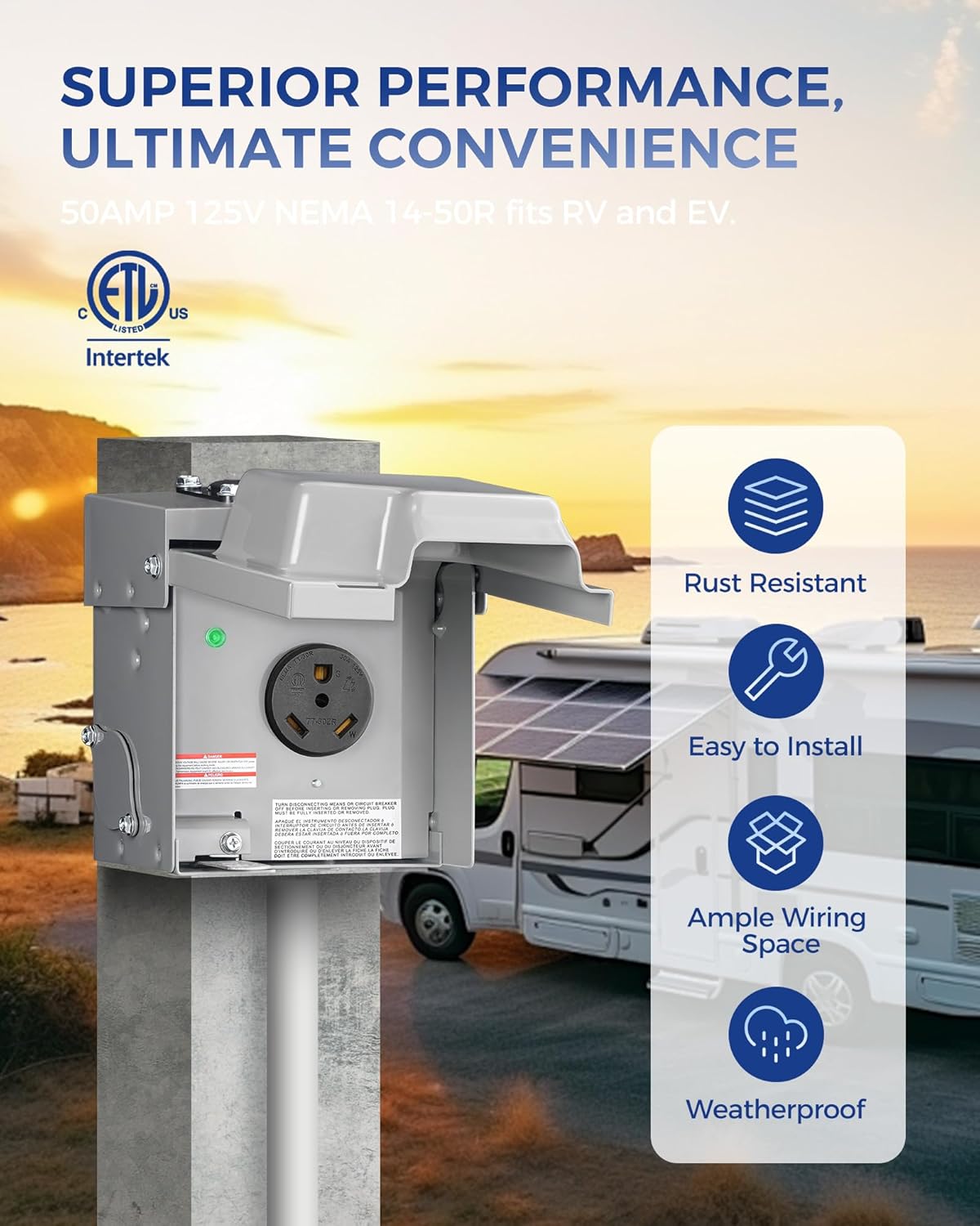 30 Amp RV Power Outlet Box, 125V NEMA TT-30R RV Outlet Weatherproof, Enclosed Lockable RV Electrical Outlet with Receptacle Panel, Outdoor Power Box for RV Camper, ETL Listed H92OB06