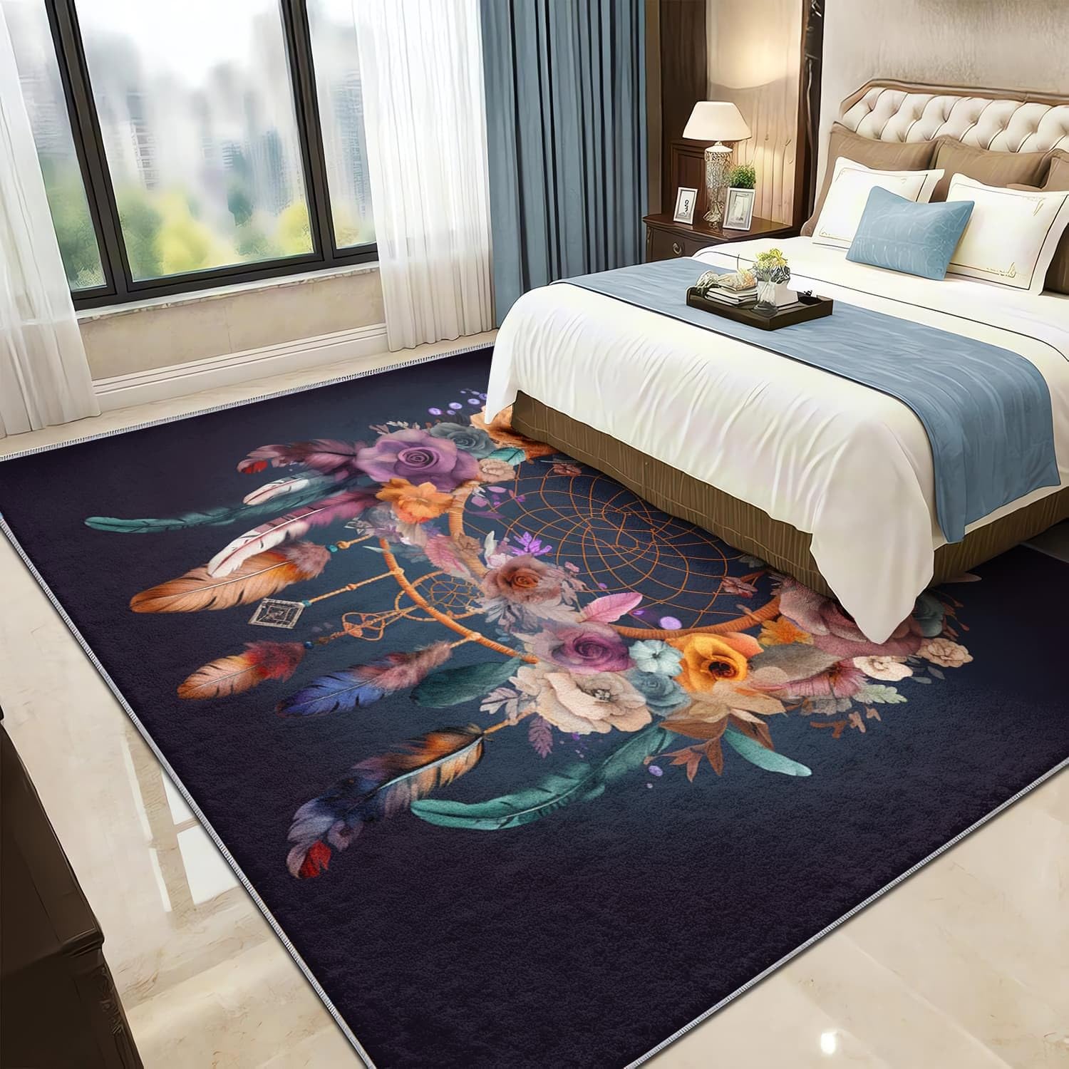 Dywan do wnętrz 200 x 300 cm Łapacz snów w stylu czeskim girlanda miękka i wygodna, ciemnoniebieska mata z krótkim włosiem antypoślizgowa podstawa idealna do salonu, sypialni i korytarza