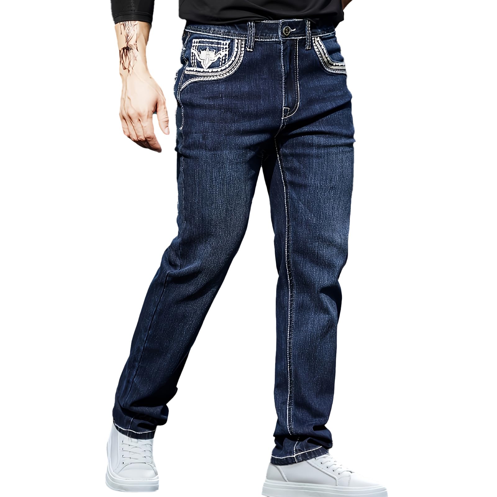Mens Embroidered Relaxed Fit Jeans with Comfort Flex Waist Stretch Denim Casual Jeans Unique Design Classic Fit for