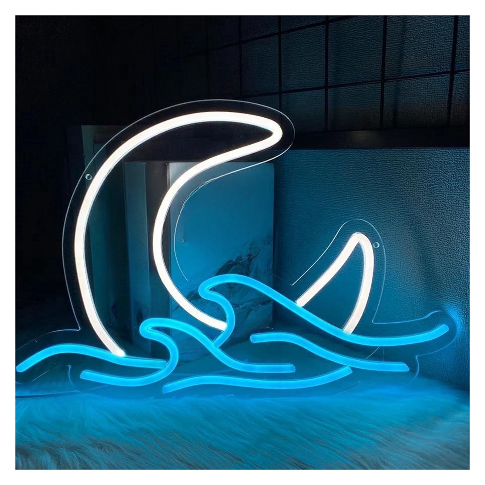LEMST Signs Lamp Moon Wave Neon Sign Blue Wave Light Brightness Adjustable for Bedroom Game Room Bar Wall Decor USB Powered Lamp 43.5cmx30cm