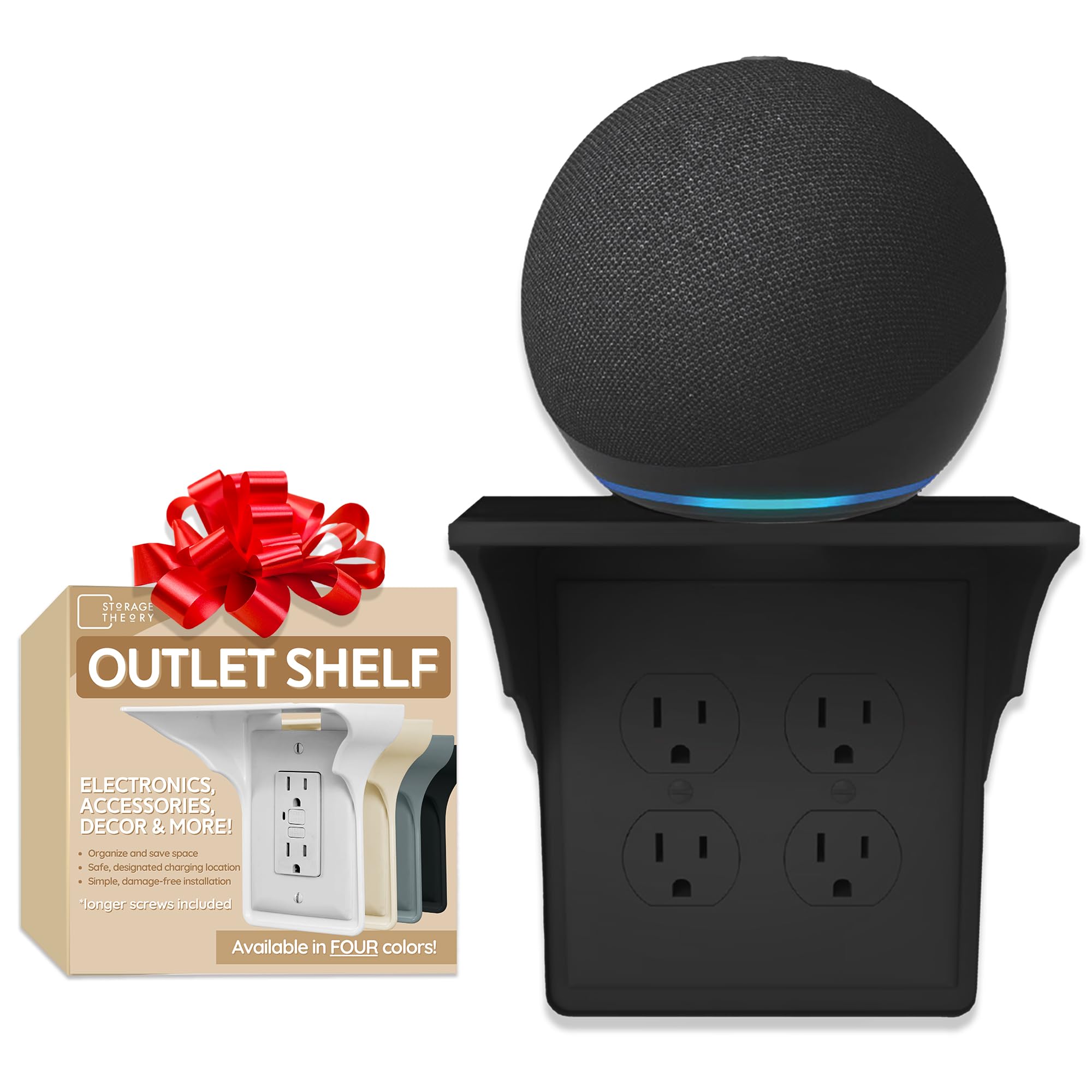 Power Perch Double Wall Outlet Shelf with Cord Storage Strap – Bathroom Shelf for Electric Toothbrush and Toiletries – Small Wall Shelves for Homepod Mini, Echo Dot Stand – Easy Install, Black, 1-Pack