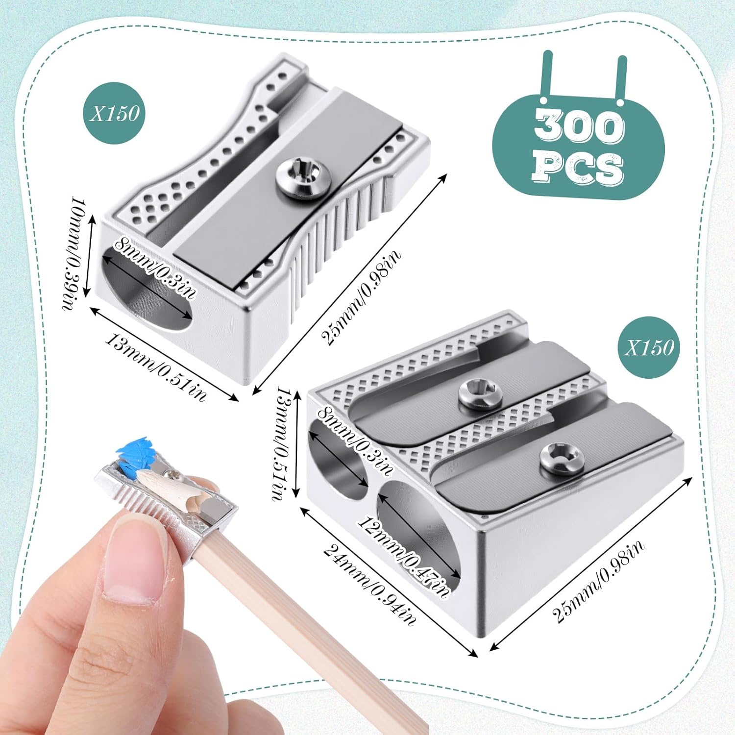 Tenceur 300 Pcs Metal Pencil Sharpener Bulk Double and Single Hole Handheld Metal Mini Aluminum Pencil Sharpener Alloy Manual Sharpeners Bulk for School Office Stationery Classroom Supplies