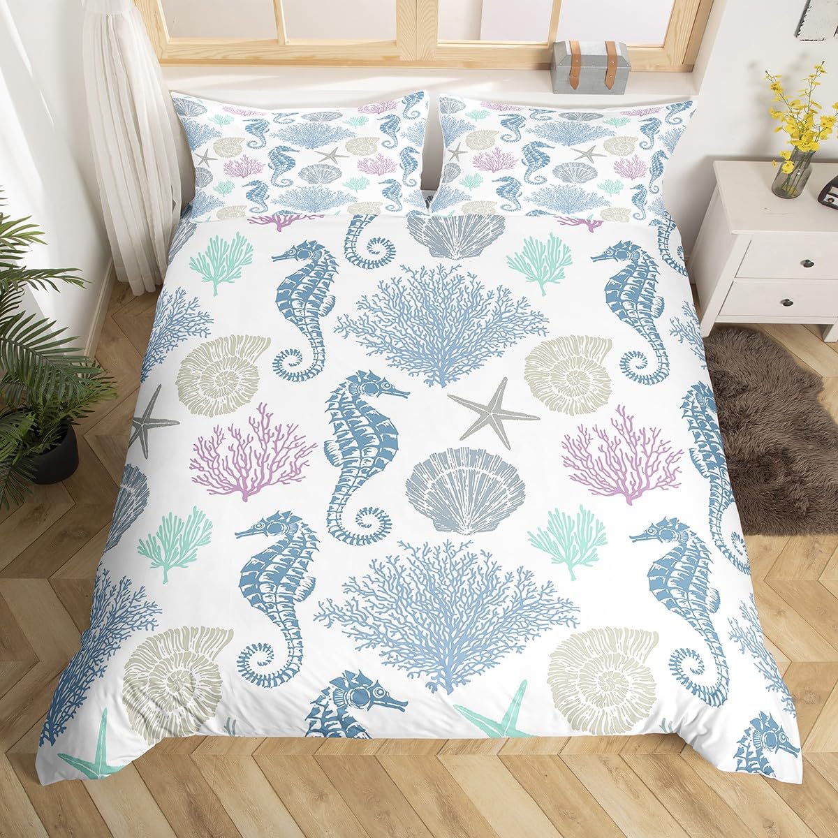 Erosebridal Coastal Sea Bedding Set Twin Size,Seahorse Starfish Conch Shells Marine Ocean Life Duvet Cover for Kids Boys Girls,Under Sea Animal Bed Set,Beach Theme Multicolor Sketch Style Bed Sets