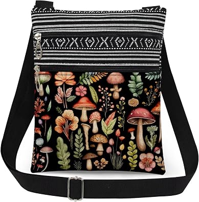 Mushroom Fungal Art Print Crossbody Bag Mushroom Floral Design Messenger Bag Adjustable Shoulder Strap for Adult Sisters Teens Birthday Gift for Nature Travel Crossbody Purse Black
