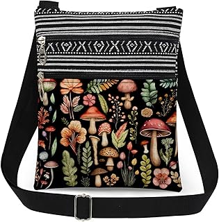 Mushroom Fungal Art Print Crossbody Bag Mushroom Floral Design Messenger Bag Adjustable Shoulder Strap for Adult Sisters Teens Birthday Gift from Nature​​ Travel Crossbody Purse (Black)